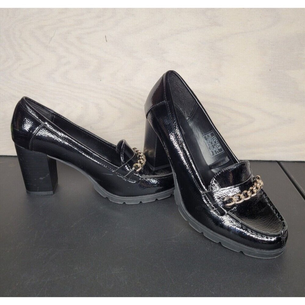 Jones New York Women's SZ 8 Cyrena Heeled Loafer Shoes Black Chain Detail